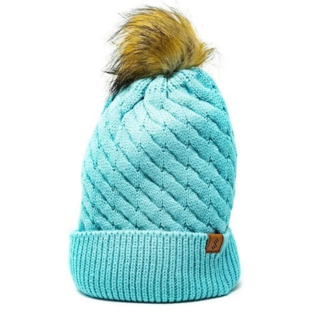 SLYK Fleece Lined Pom Pom Beanie Knit Hat Faux Fur Trim